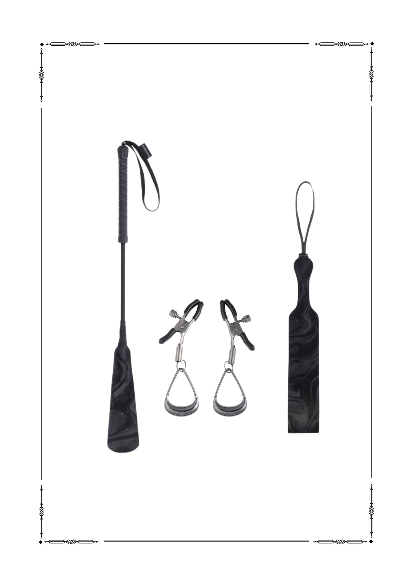 Velvet Noir Striker, Loop Paddle & Tuggable Nipple Clamps