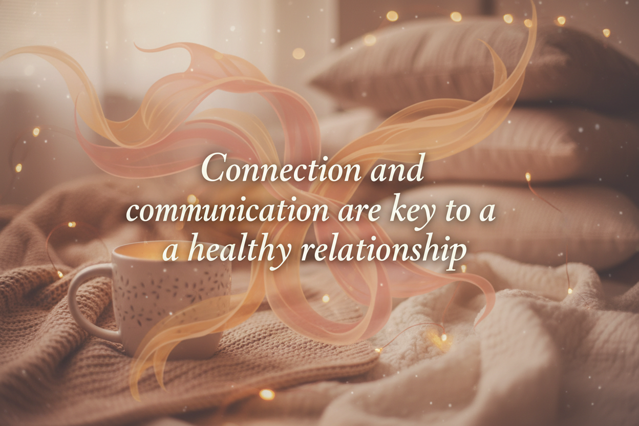 Design a warm image that has soft moody but cheerful tones and have it say Connection and communication are key to a healthy relationship
